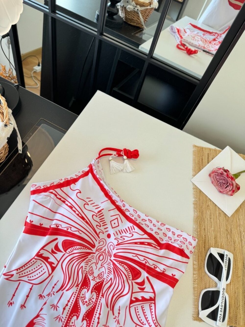 Versace Red and White Pattern One-Shoulder One-Piece Swimsuit - Picture 4 of 9